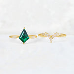 Elongated Kite Cut Emerald Marquise & Baguette Bridal Ring Set - White-Gold