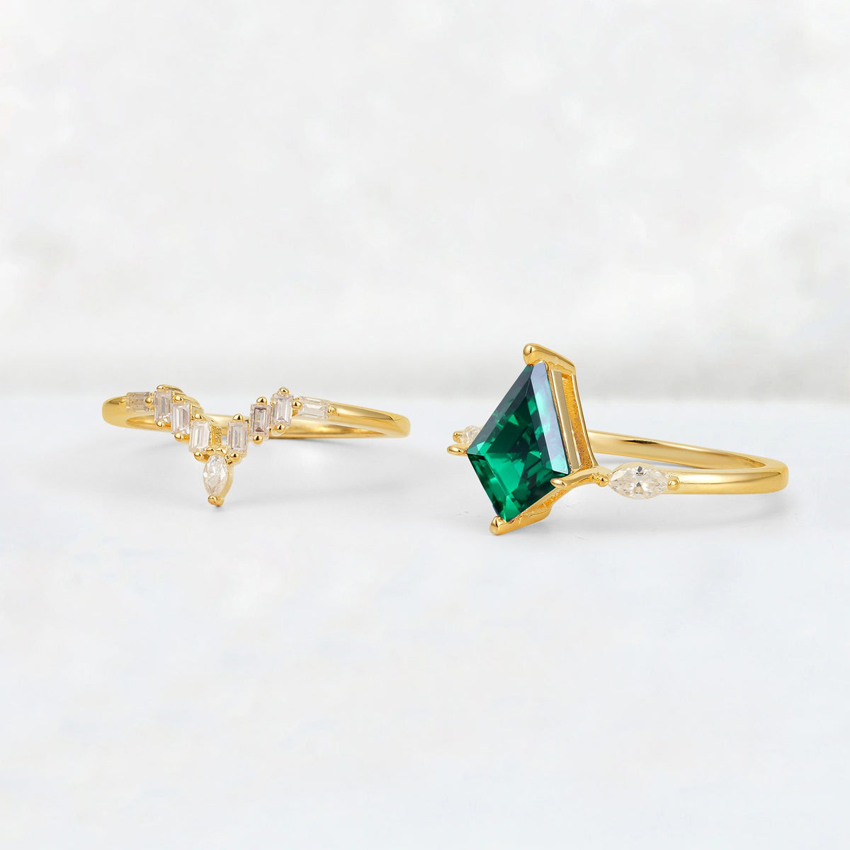Elongated Kite Cut Emerald Marquise & Baguette Bridal Ring Set - Additional view
