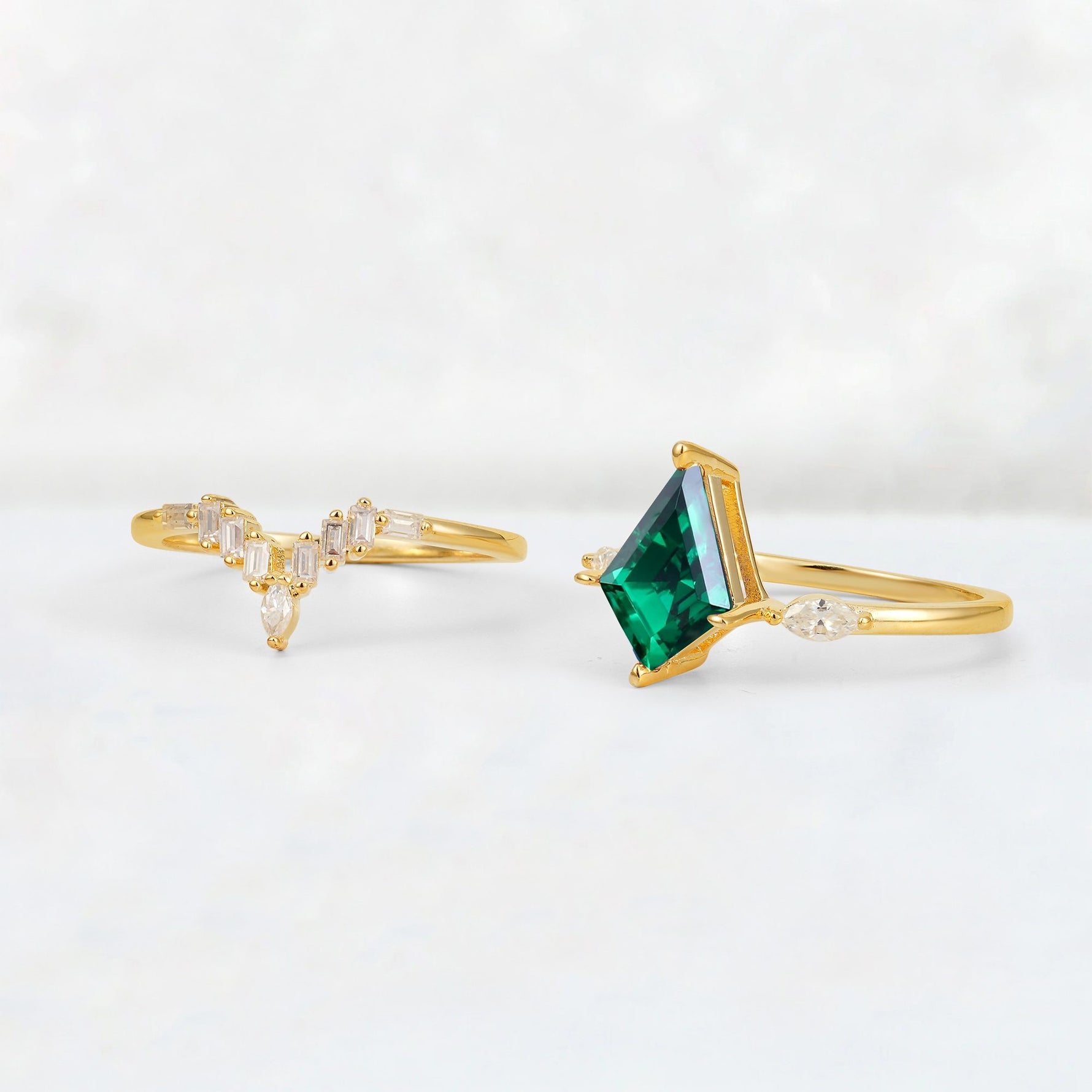 Elongated Kite Cut Emerald Marquise & Baguette Bridal Ring Set - Additional view