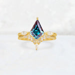 Elongated Kite Cut Alexandrite Marquise & Baguette Bridal Ring Set - Yellow-Gold