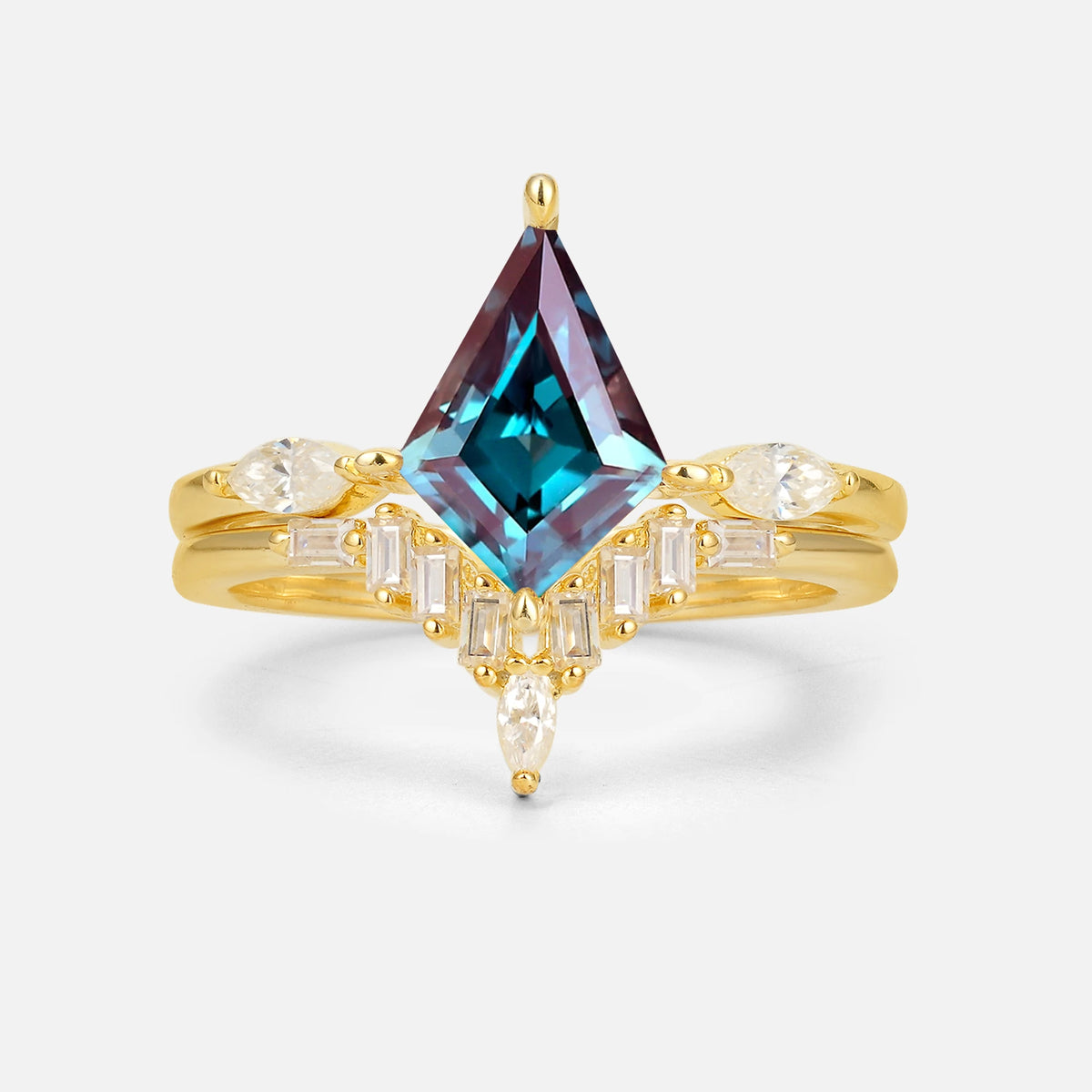Elongated Kite Cut Alexandrite Marquise & Baguette Bridal Ring Set - Yellow-Gold