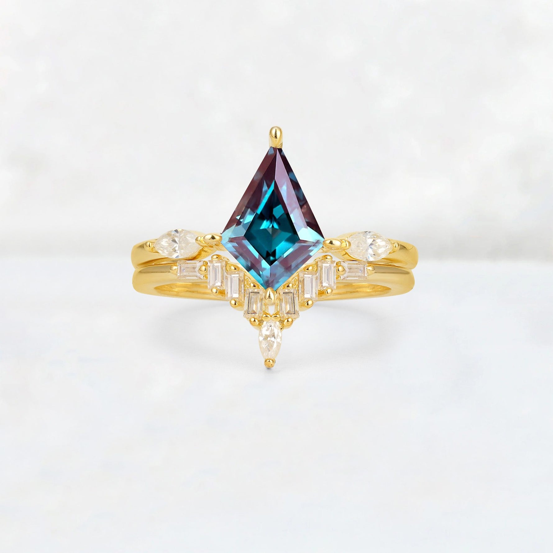 Elongated Kite Cut Alexandrite Marquise & Baguette Bridal Ring Set - Yellow-Gold