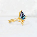Elongated Kite Cut Alexandrite Marquise & Baguette Bridal Ring Set - Rose-Gold