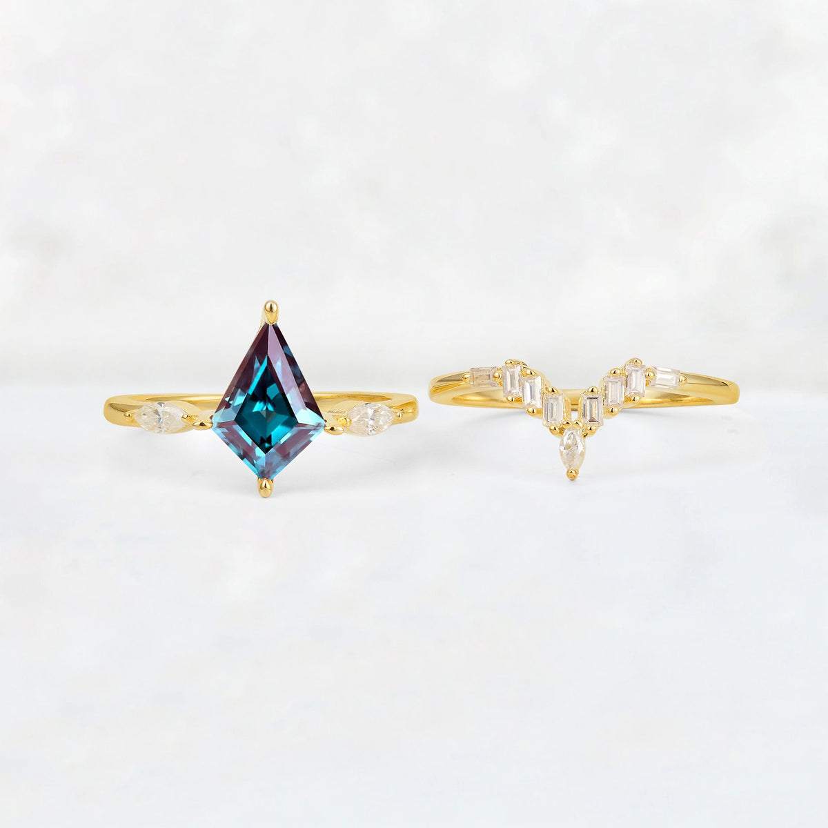 Elongated Kite Cut Alexandrite Marquise & Baguette Bridal Ring Set - White-Gold