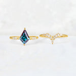 Elongated Kite Cut Alexandrite Marquise & Baguette Bridal Ring Set - White-Gold