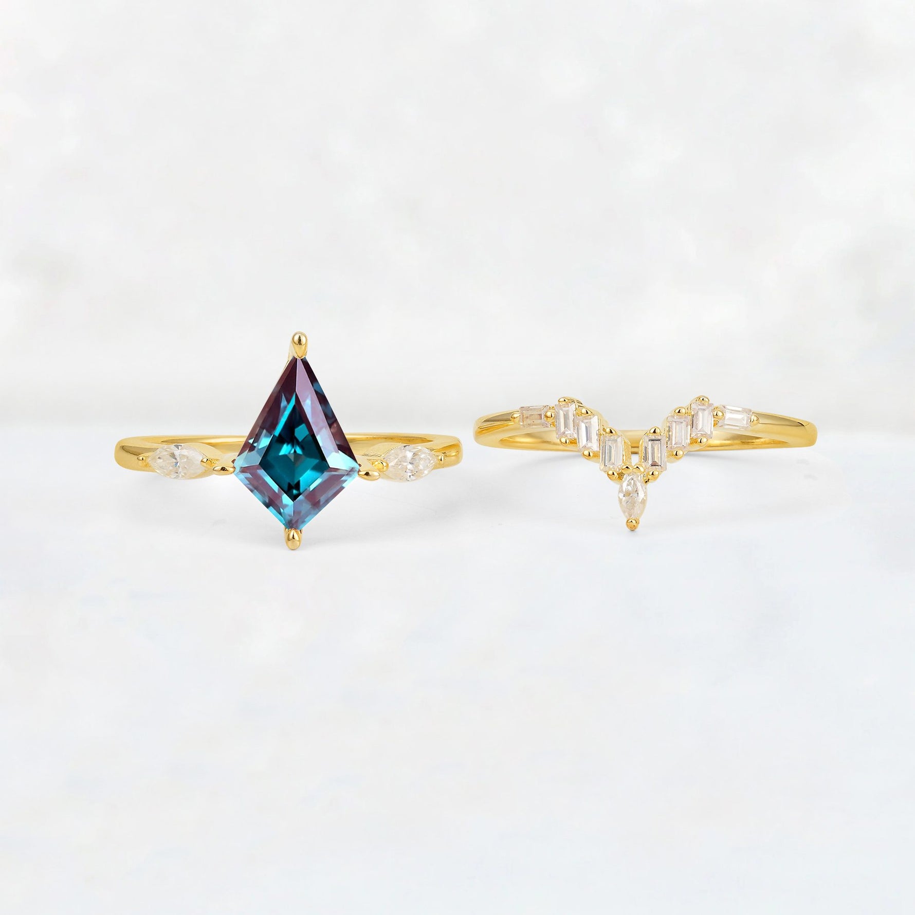 Elongated Kite Cut Alexandrite Marquise & Baguette Bridal Ring Set - White-Gold