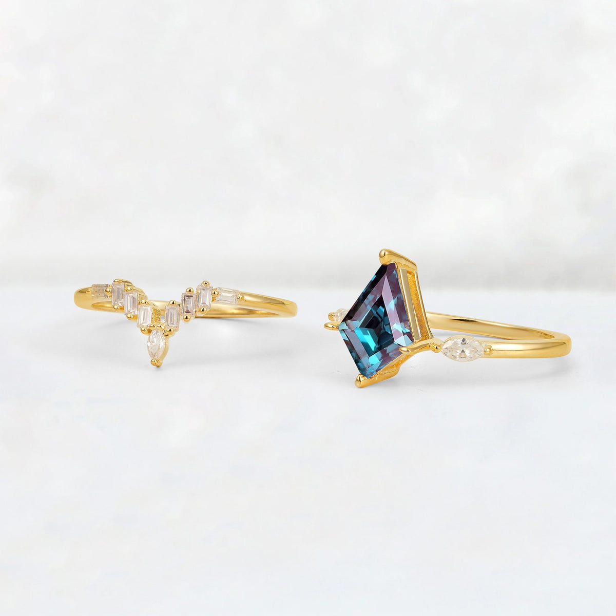 Elongated Kite Cut Alexandrite Marquise & Baguette Bridal Ring Set - Additional view