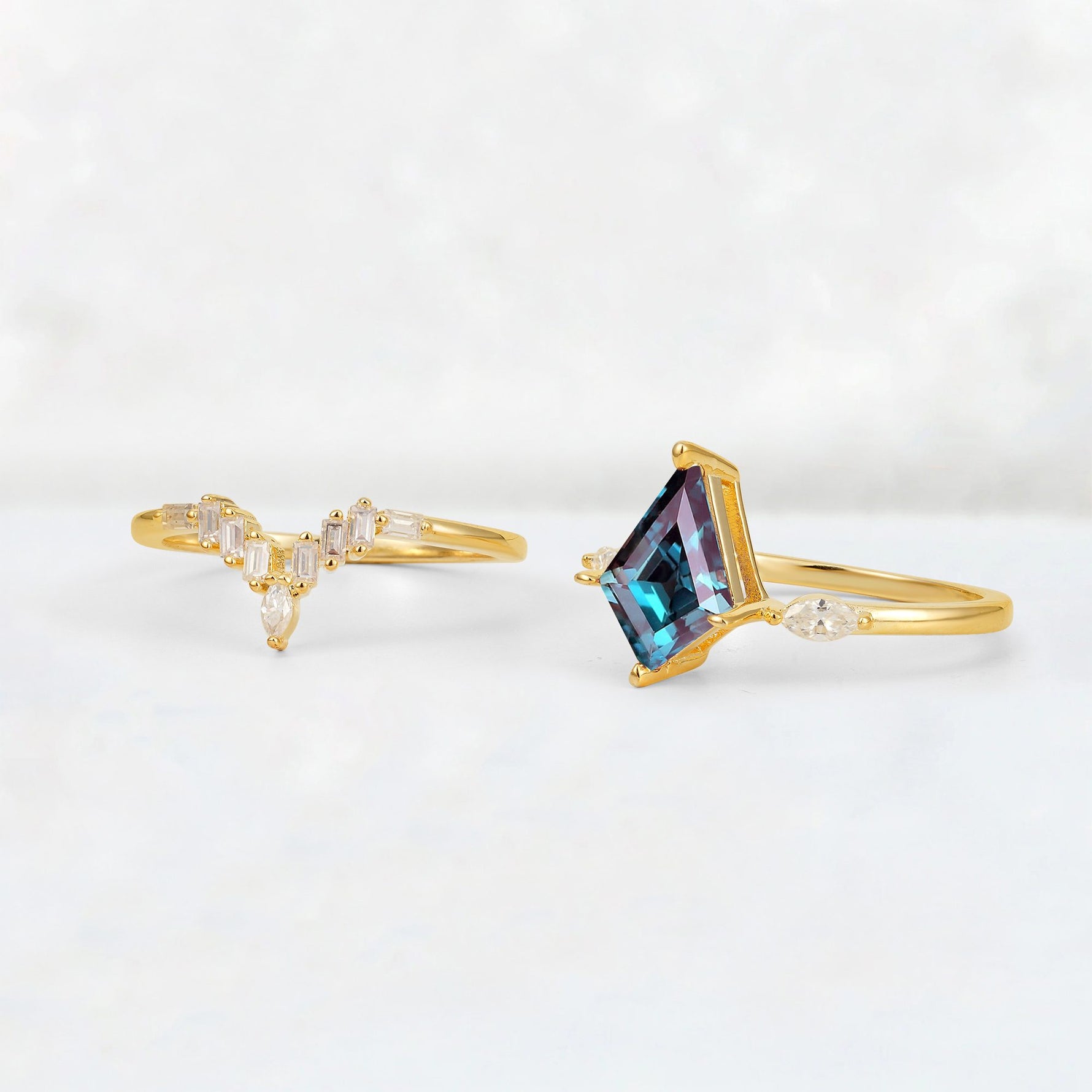 Elongated Kite Cut Alexandrite Marquise & Baguette Bridal Ring Set - Additional view