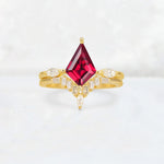 Elongated Kite Cut Ruby Marquise & Baguette Bridal Ring Set - Yellow-Gold