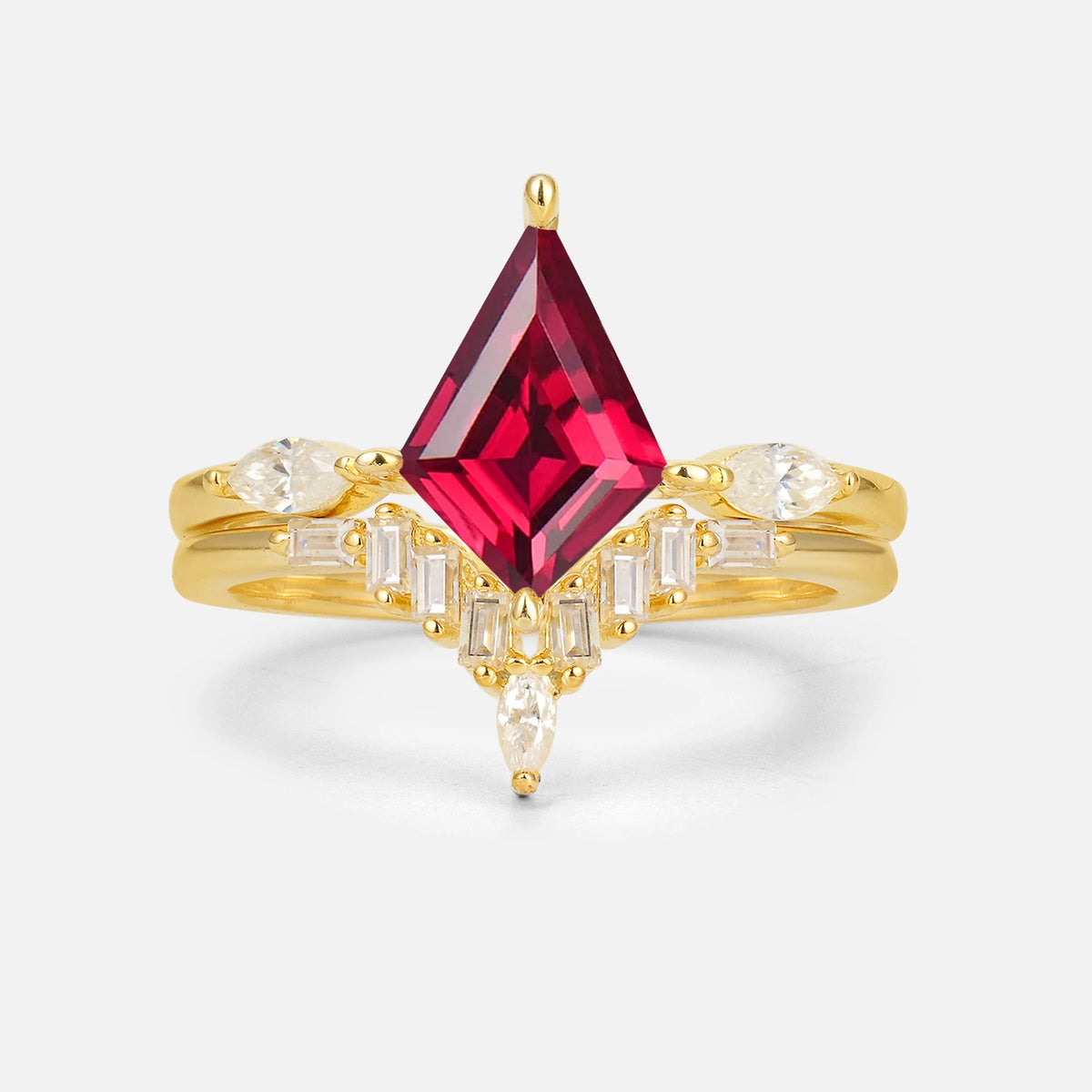 Elongated Kite Cut Ruby Marquise & Baguette Bridal Ring Set - Yellow-Gold
