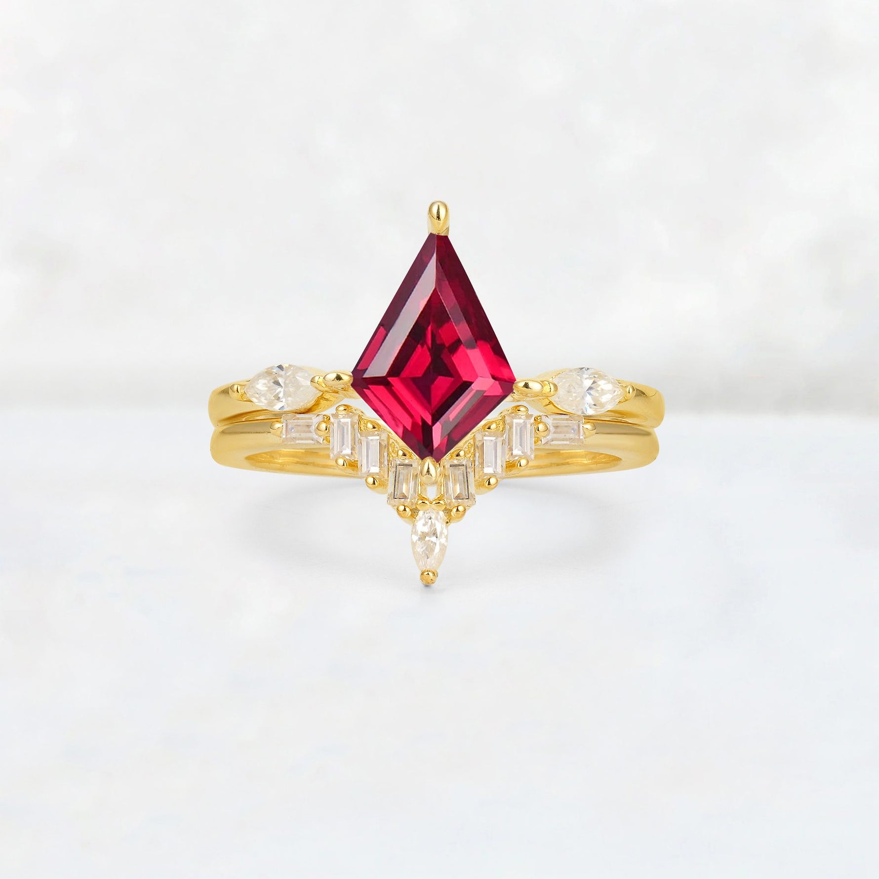 Elongated Kite Cut Ruby Marquise & Baguette Bridal Ring Set - Yellow-Gold