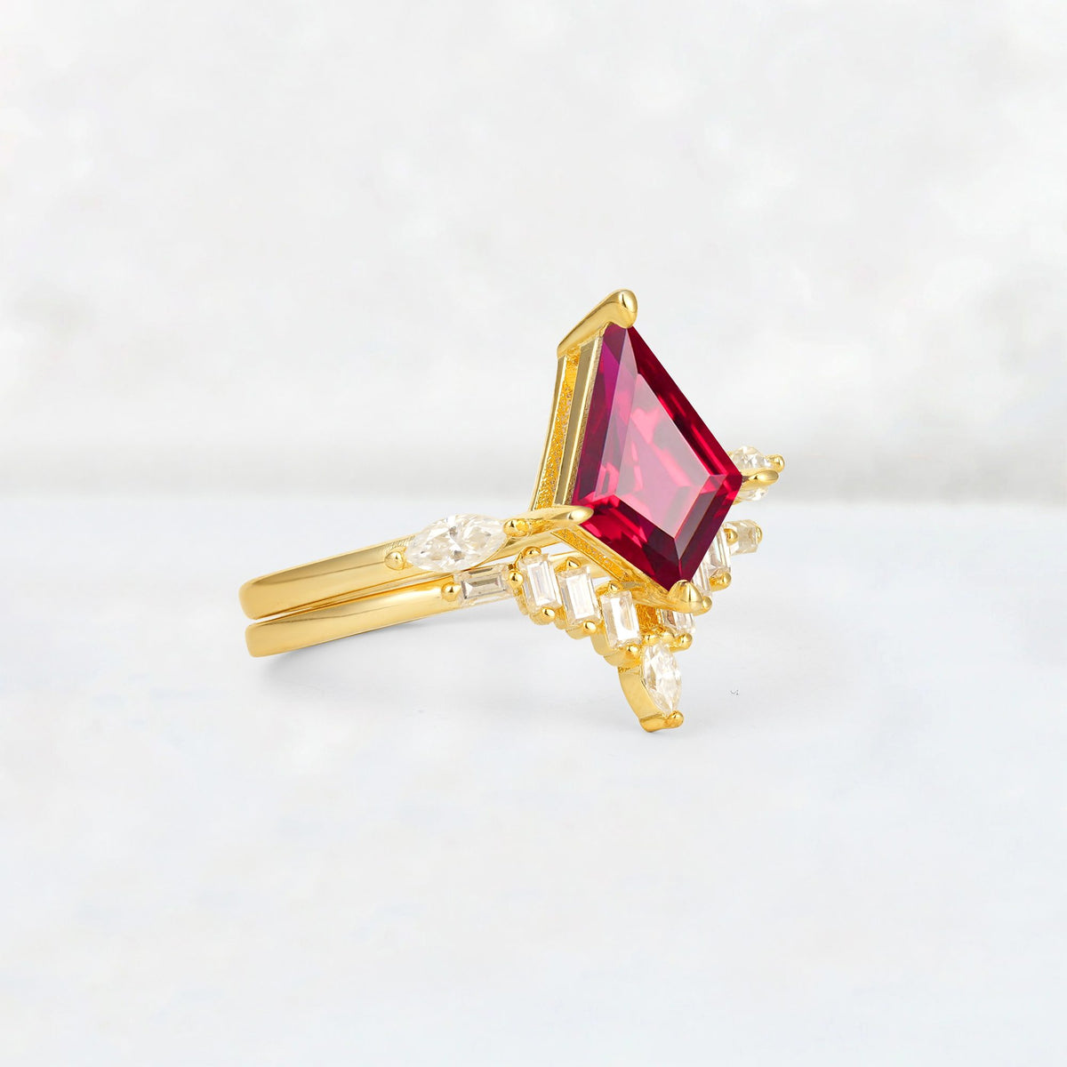 Elongated Kite Cut Ruby Marquise & Baguette Bridal Ring Set - Rose-Gold