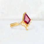 Elongated Kite Cut Ruby Marquise & Baguette Bridal Ring Set - Rose-Gold