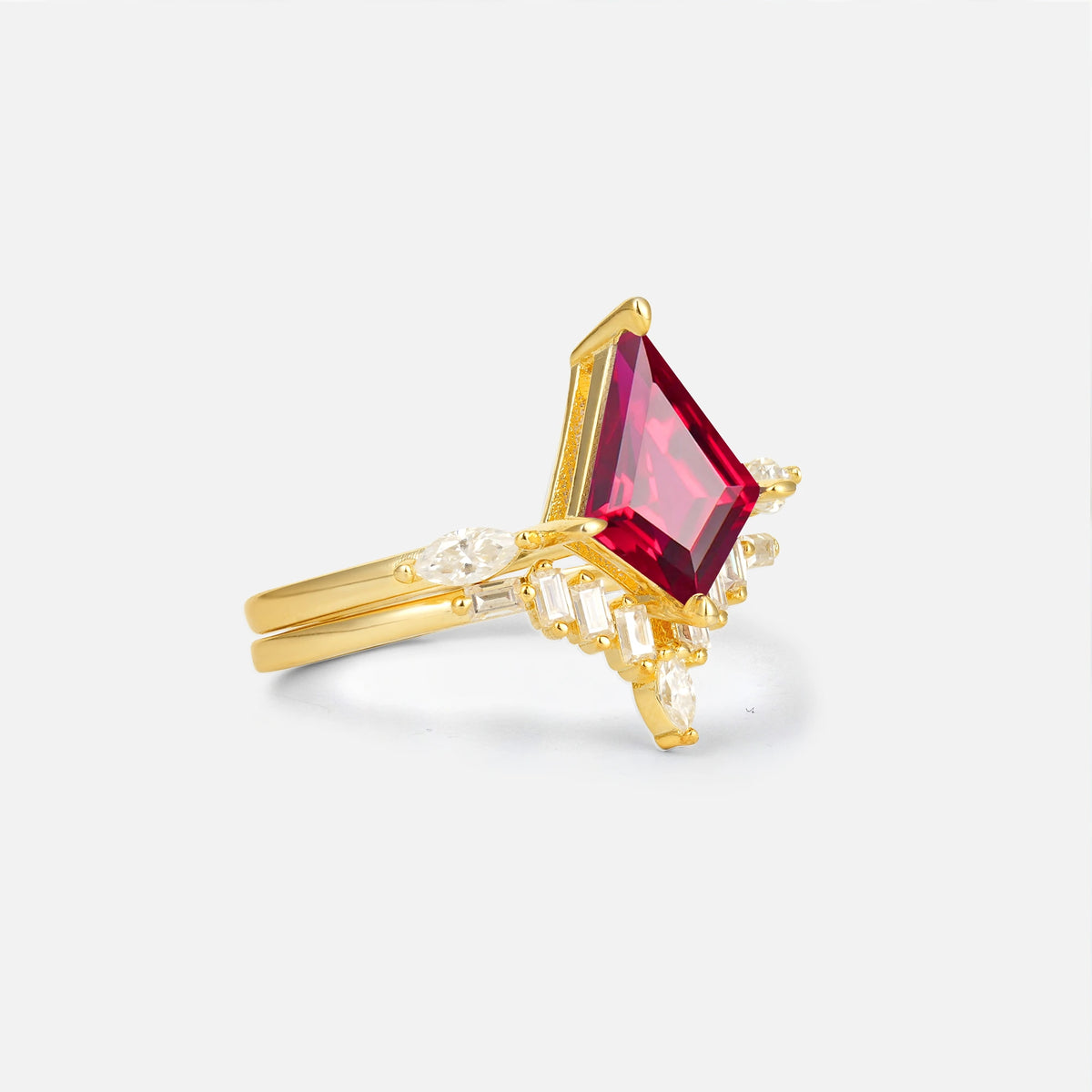 Elongated Kite Cut Ruby Marquise & Baguette Bridal Ring Set - Rose-Gold