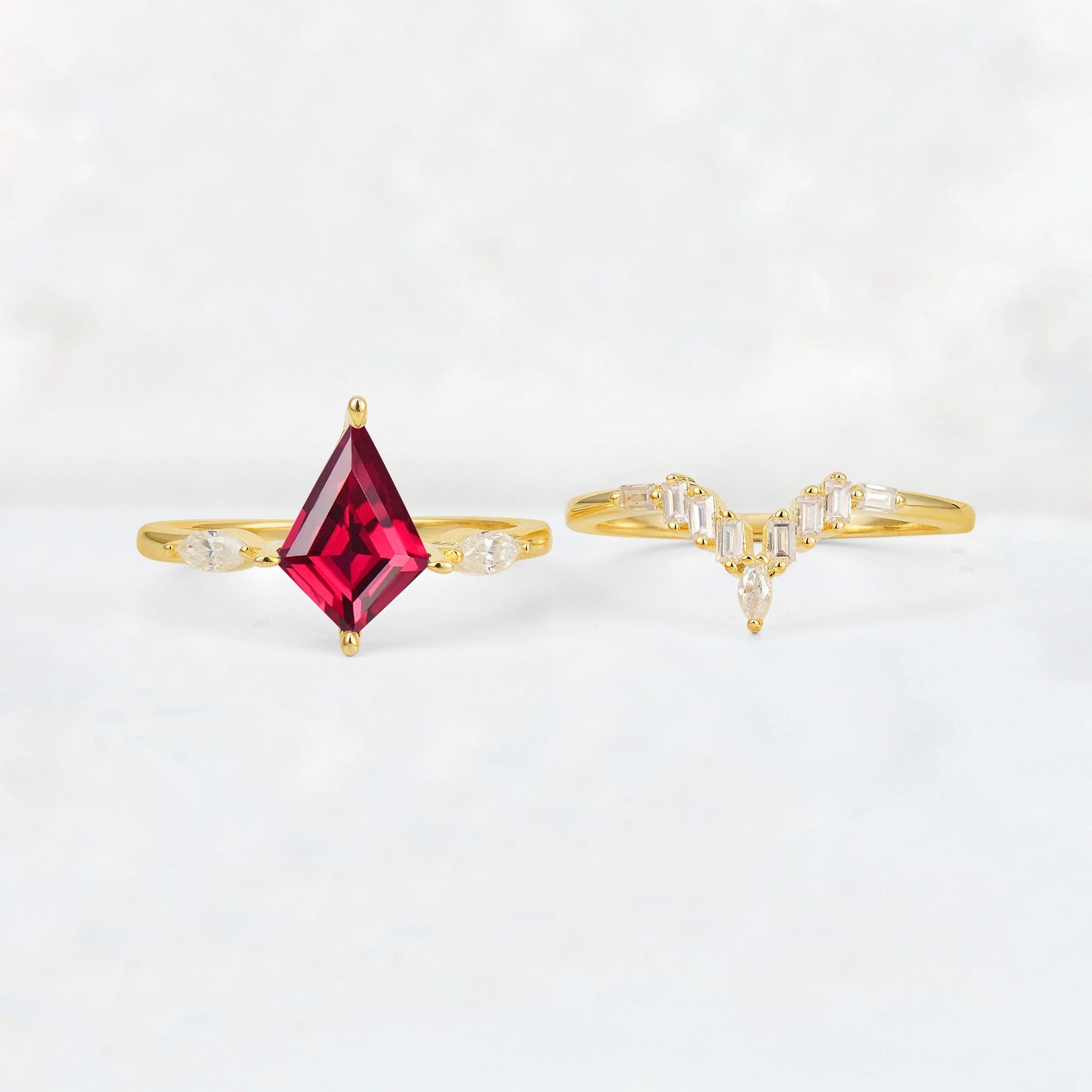 Elongated Kite Cut Ruby Marquise & Baguette Bridal Ring Set - White-Gold