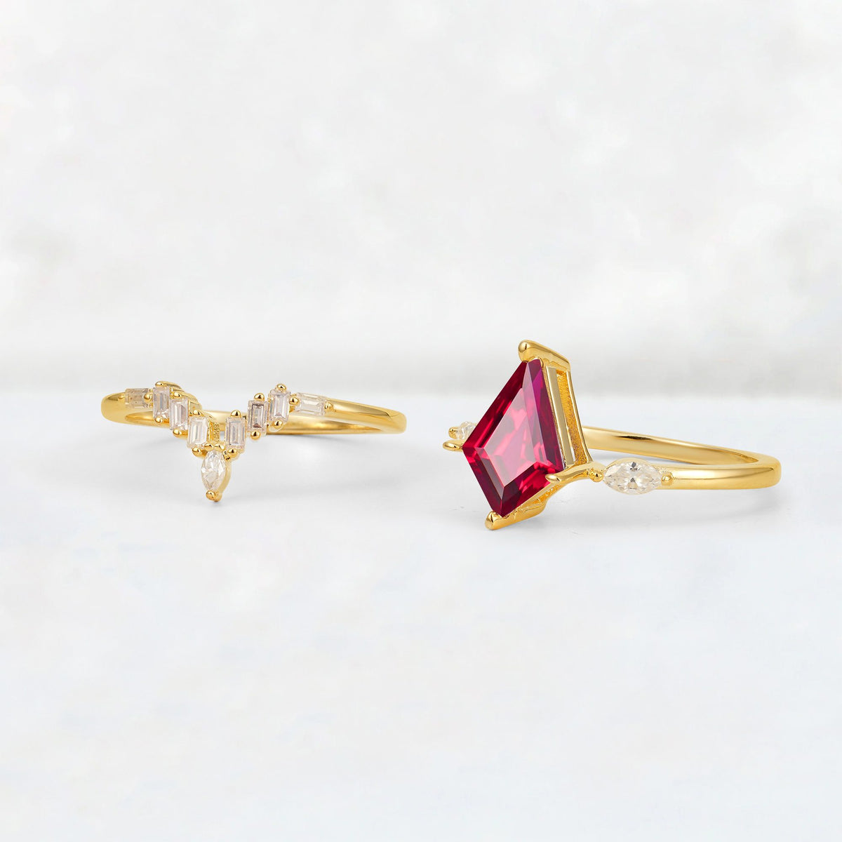Elongated Kite Cut Ruby Marquise & Baguette Bridal Ring Set - Additional view