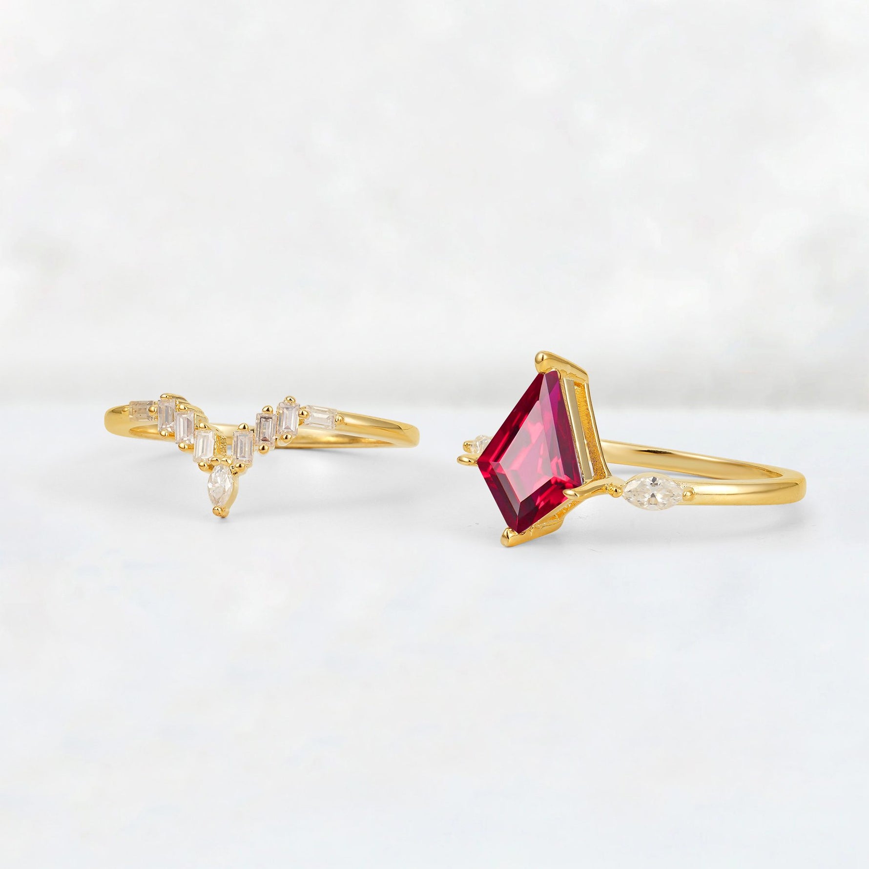 Elongated Kite Cut Ruby Marquise & Baguette Bridal Ring Set - Additional view