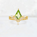Elongated Kite Cut Peridot Marquise & Baguette Bridal Ring Set - Yellow-Gold