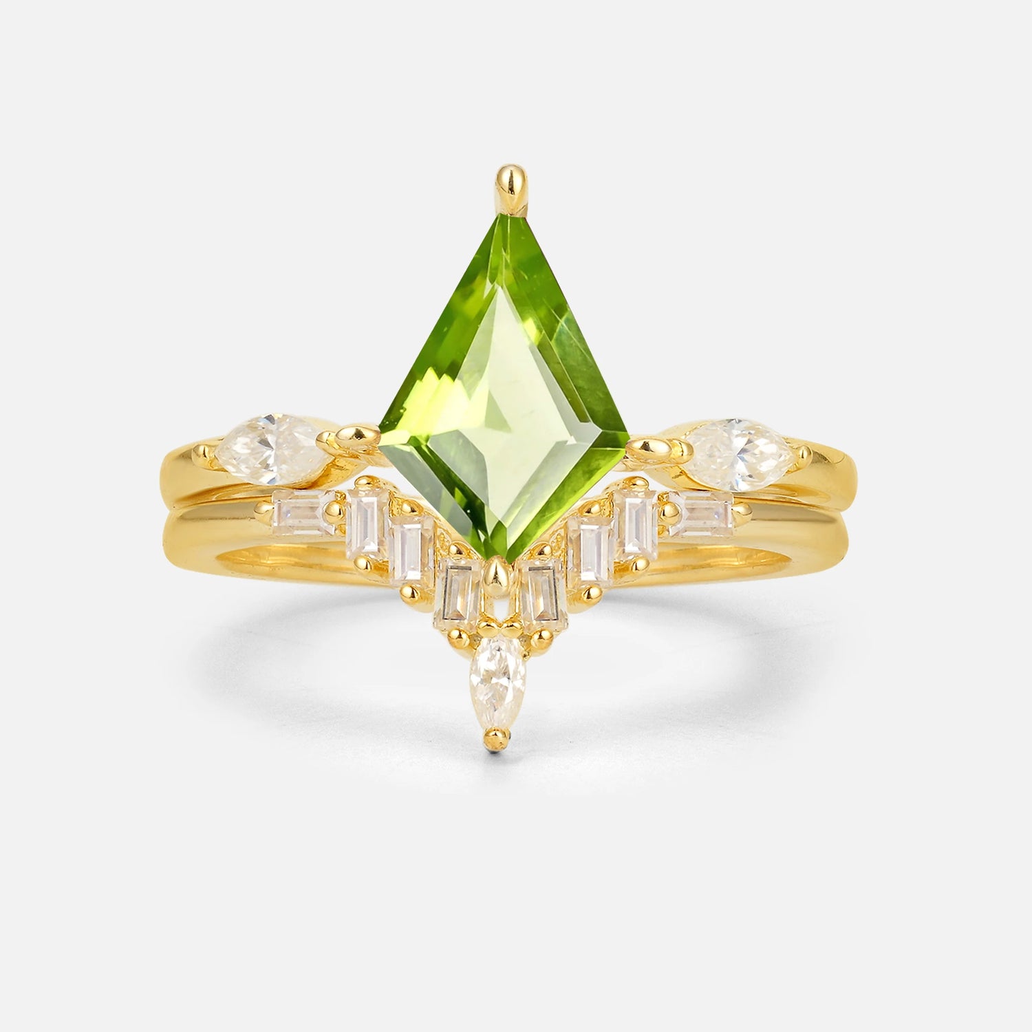Elongated Kite Cut Peridot Marquise & Baguette Bridal Ring Set - Yellow-Gold