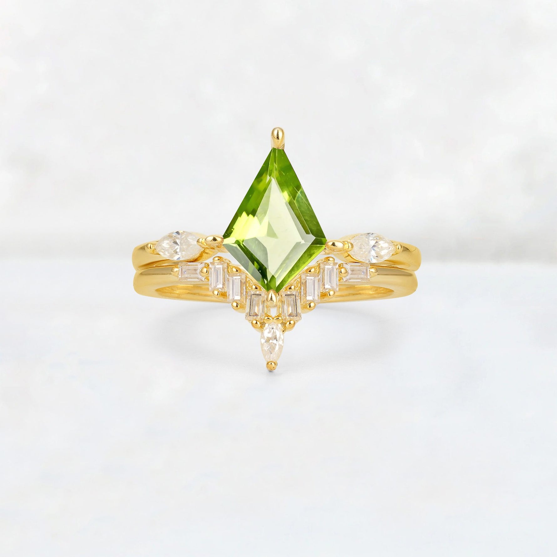 Elongated Kite Cut Peridot Marquise & Baguette Bridal Ring Set - Yellow-Gold