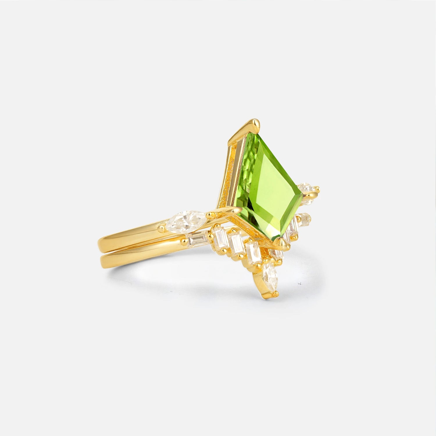 Elongated Kite Cut Peridot Marquise & Baguette Bridal Ring Set - Rose-Gold