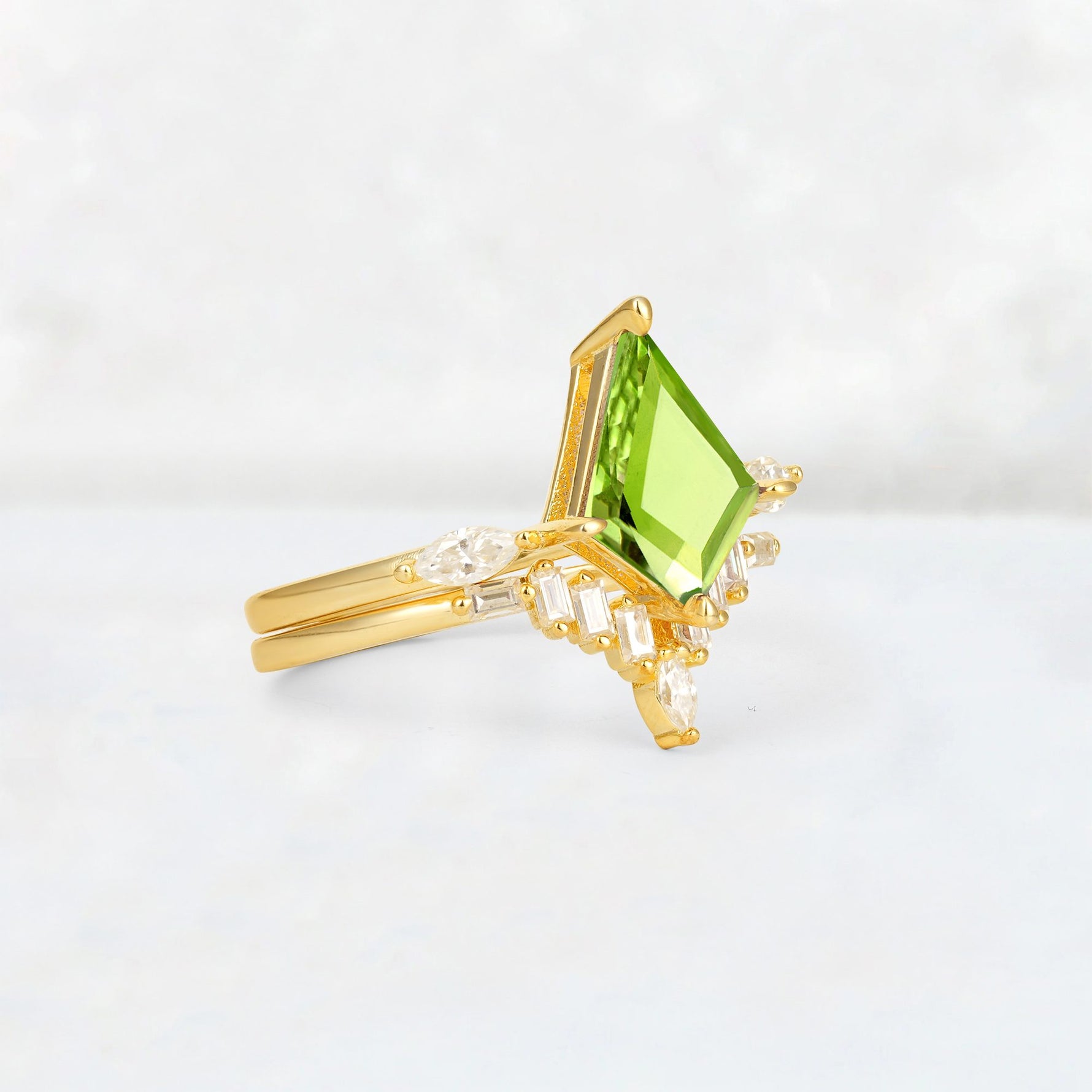 Elongated Kite Cut Peridot Marquise & Baguette Bridal Ring Set - Rose-Gold