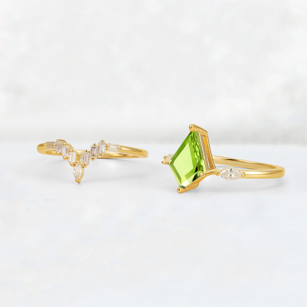 Elongated Kite Cut Peridot Marquise & Baguette Bridal Ring Set - Additional view