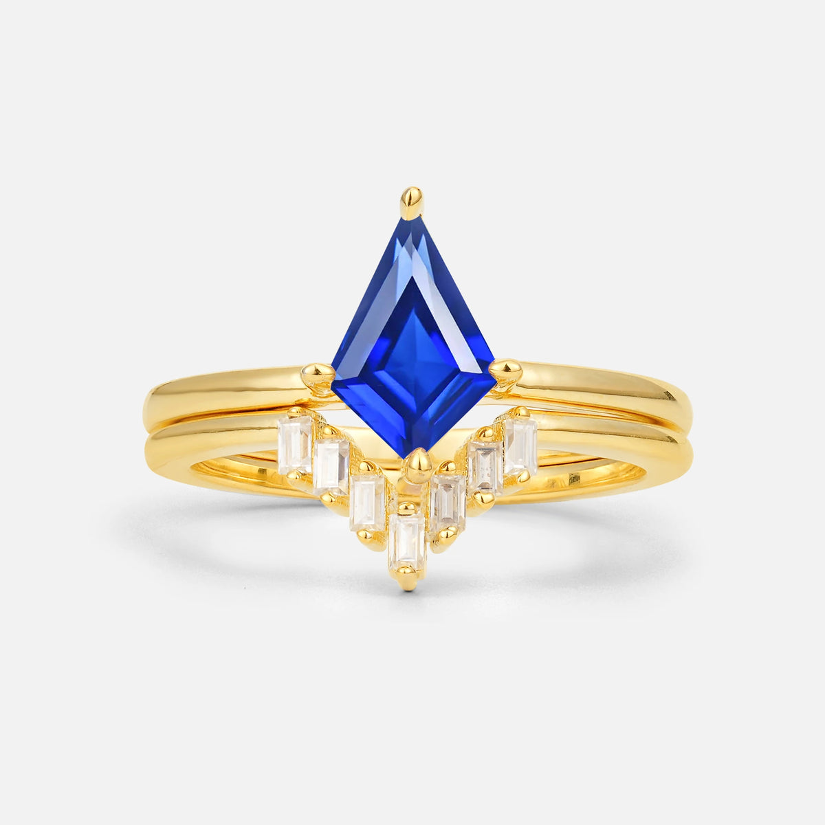 Kite Cut Sapphire Baguette Chevron Bridal Ring Set - Yellow-Gold