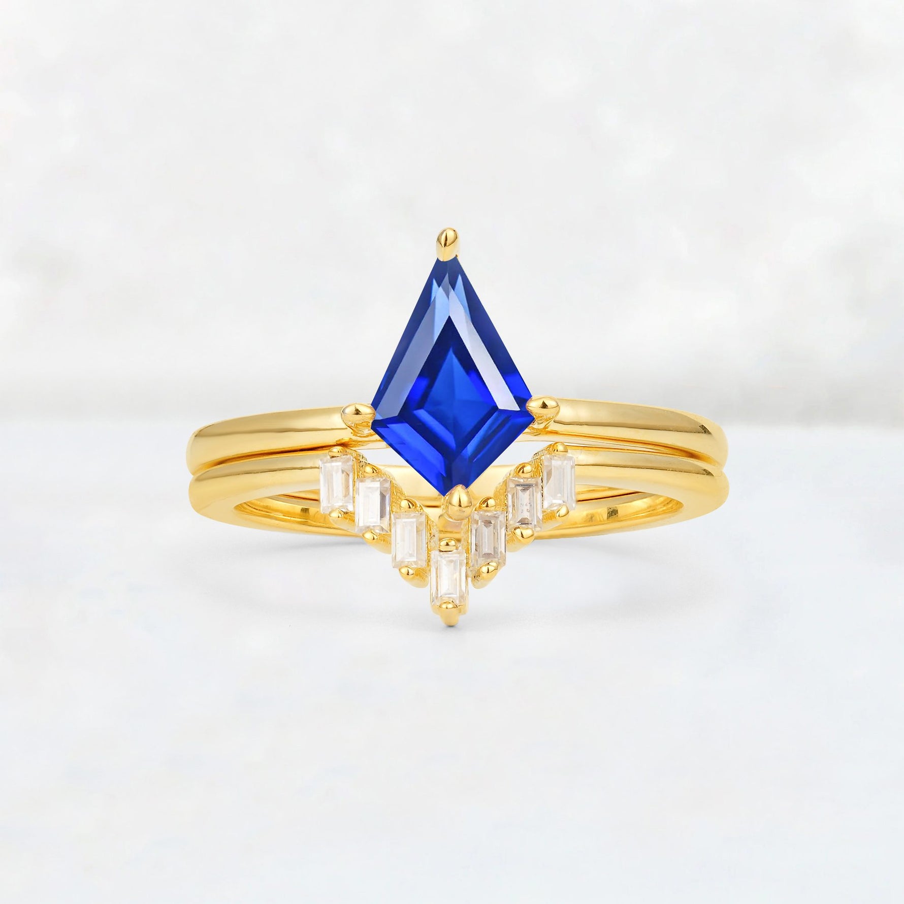 Kite Cut Sapphire Baguette Chevron Bridal Ring Set - Yellow-Gold