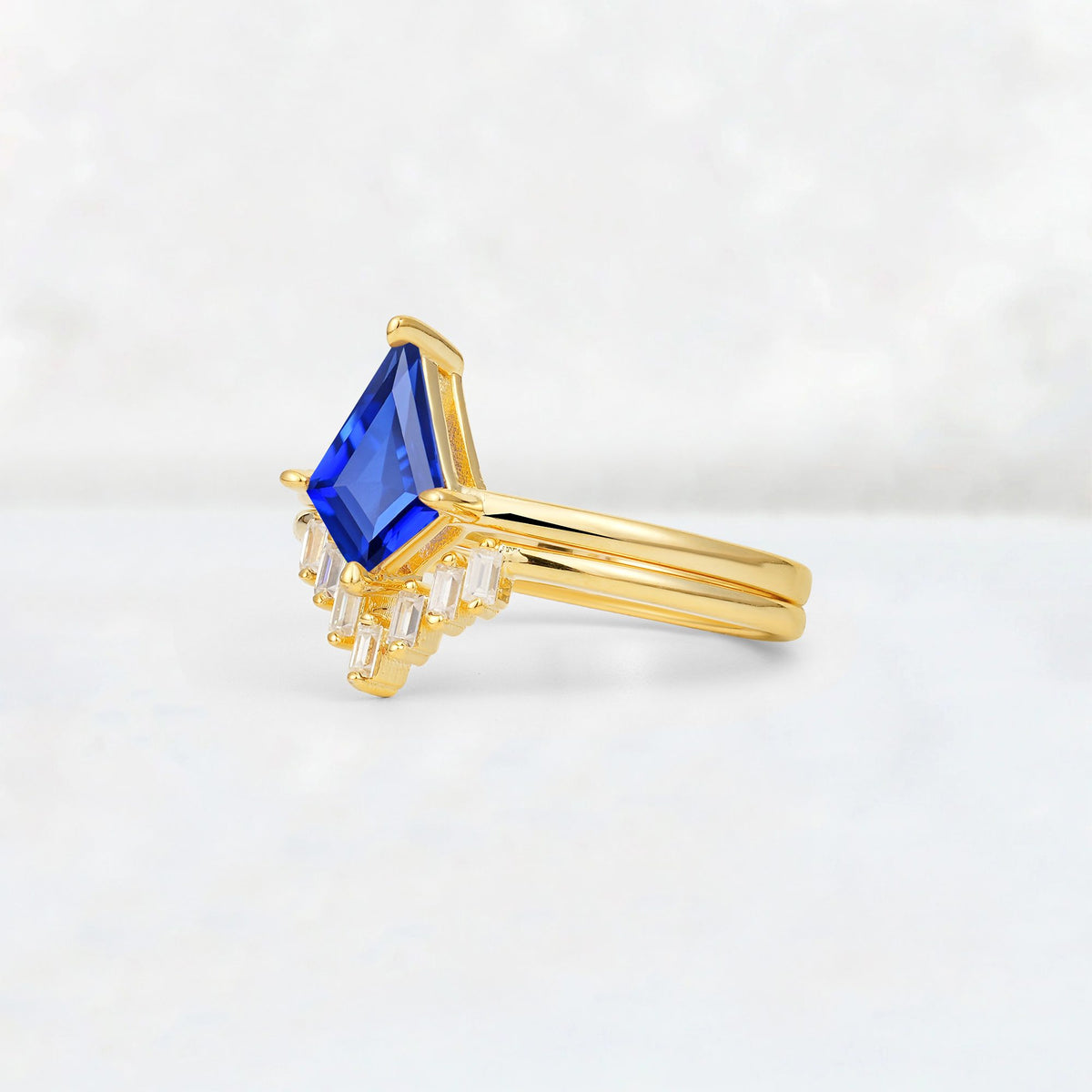 Kite Cut Sapphire Baguette Chevron Bridal Ring Set - Rose-Gold