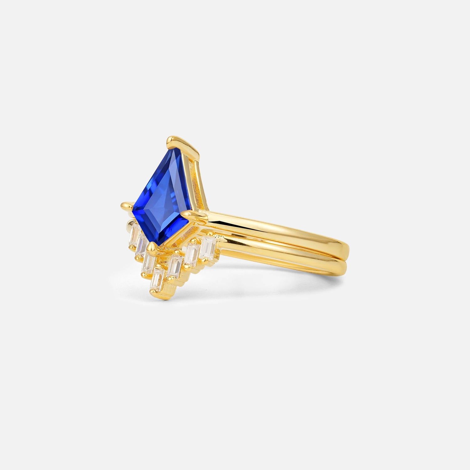 Kite Cut Sapphire Baguette Chevron Bridal Ring Set - Rose-Gold