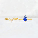Kite Cut Sapphire Baguette Chevron Bridal Ring Set - White-Gold
