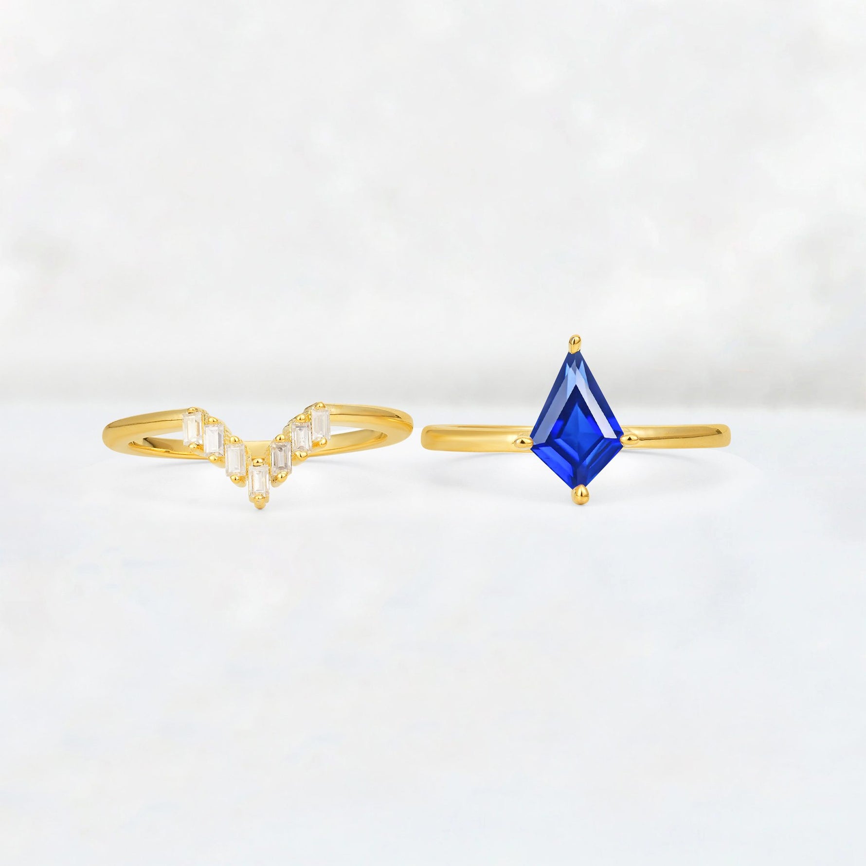 Kite Cut Sapphire Baguette Chevron Bridal Ring Set - White-Gold