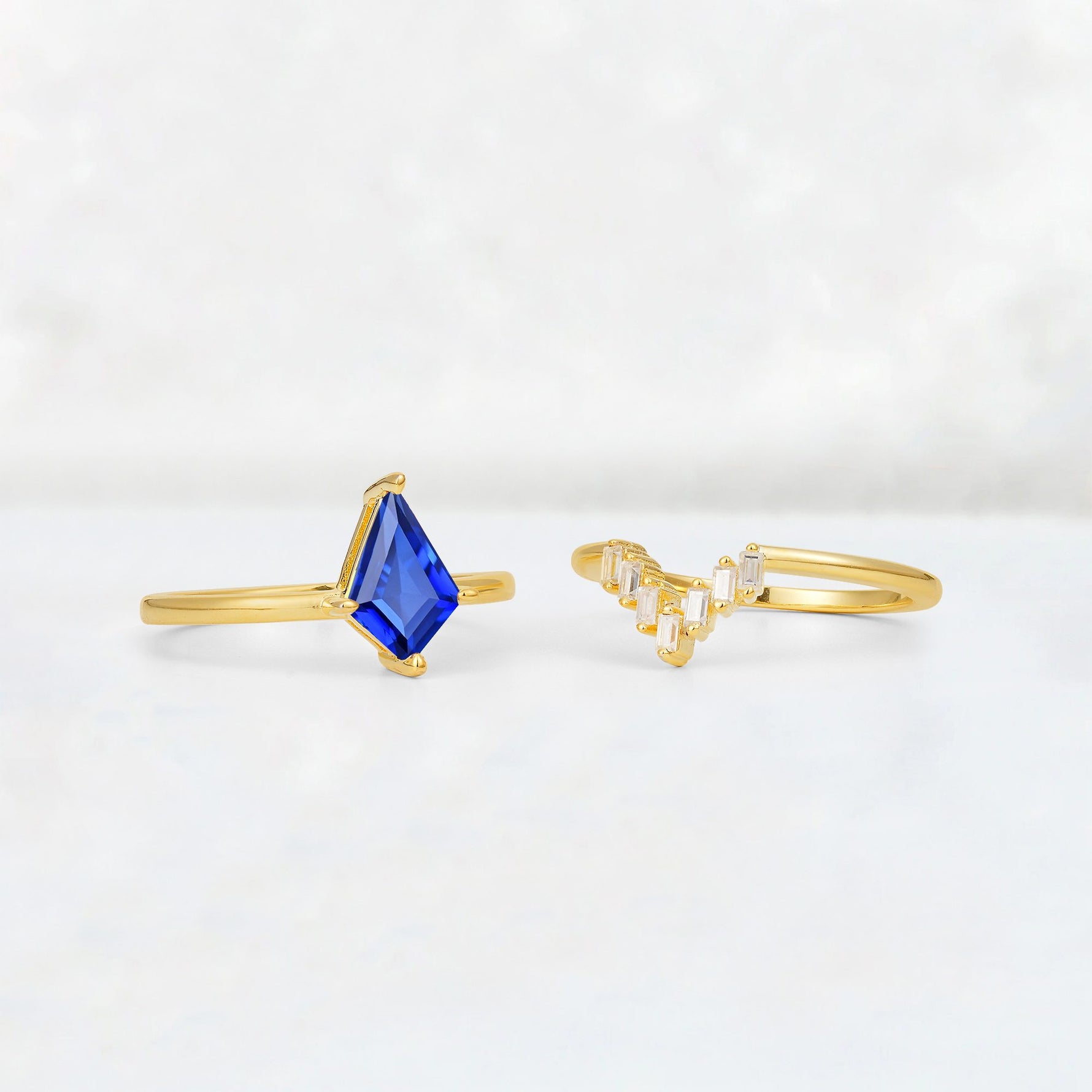 Kite Cut Sapphire Baguette Chevron Bridal Ring Set - Additional view
