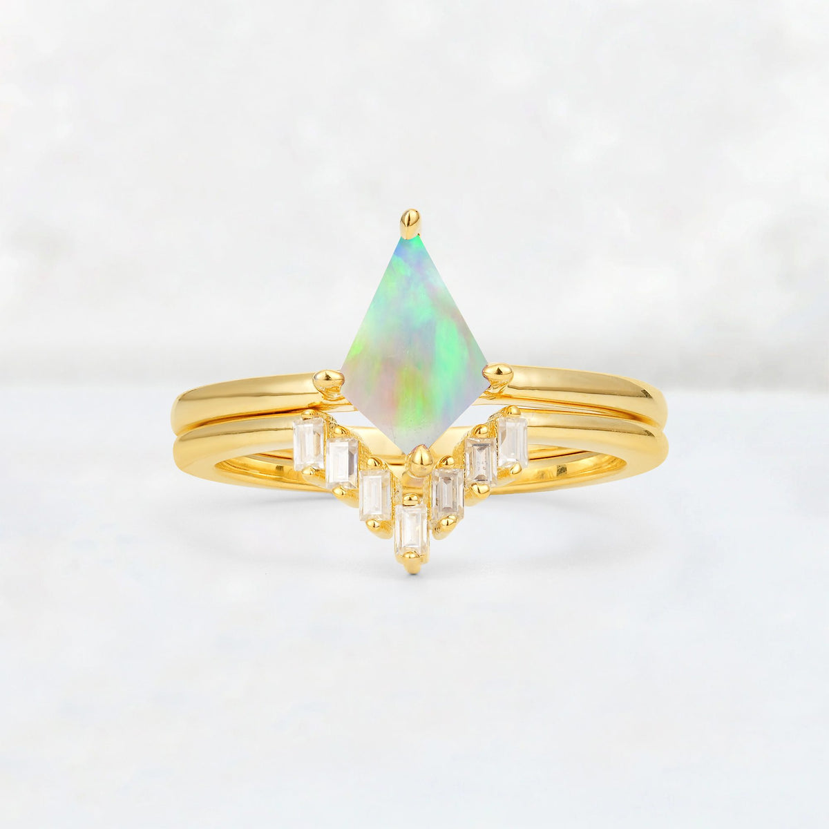 Kite Cut Fire Opal Baguette Chevron Bridal Ring Set - Yellow-Gold
