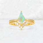 Kite Cut Fire Opal Baguette Chevron Bridal Ring Set - Yellow-Gold