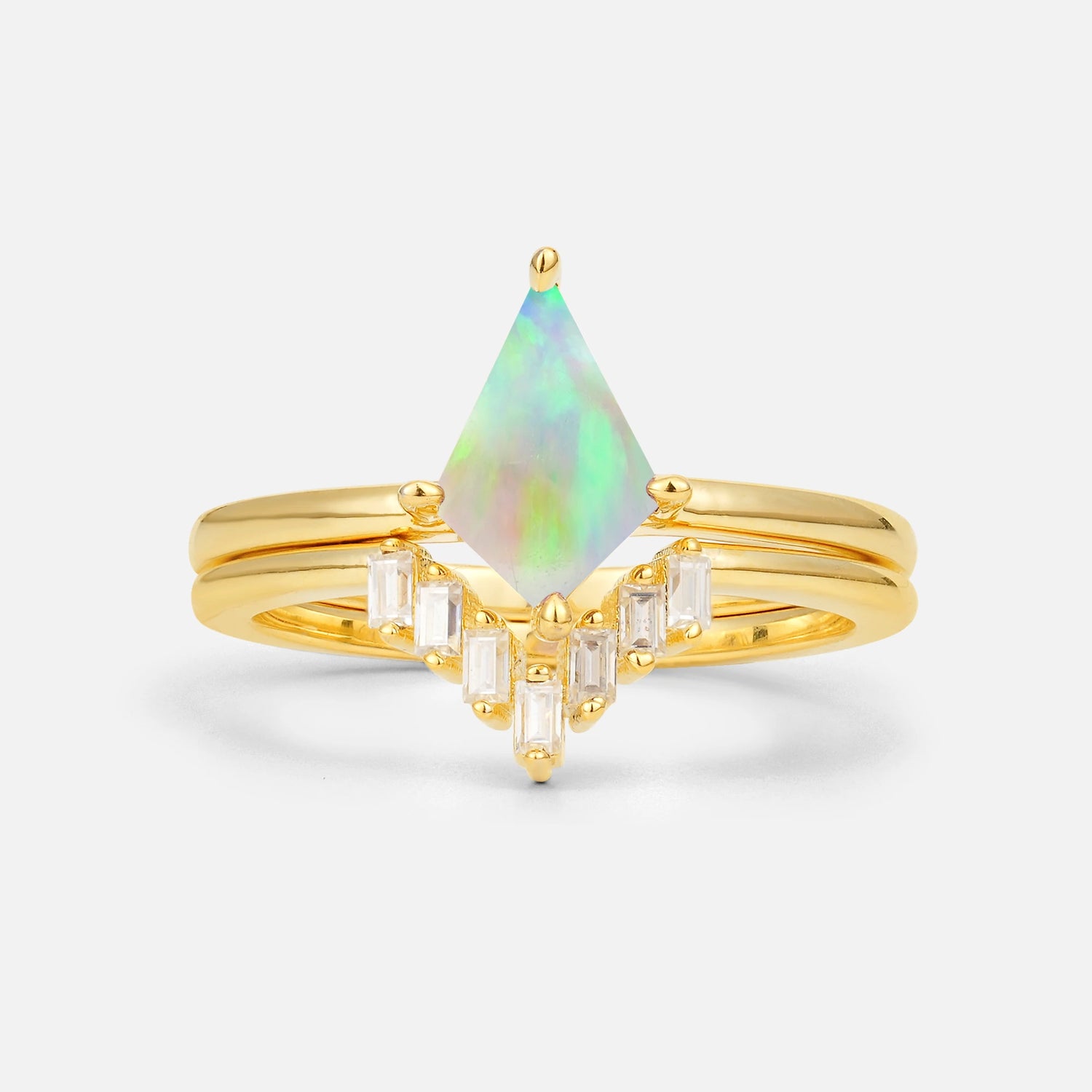Kite Cut Fire Opal Baguette Chevron Bridal Ring Set - Yellow-Gold