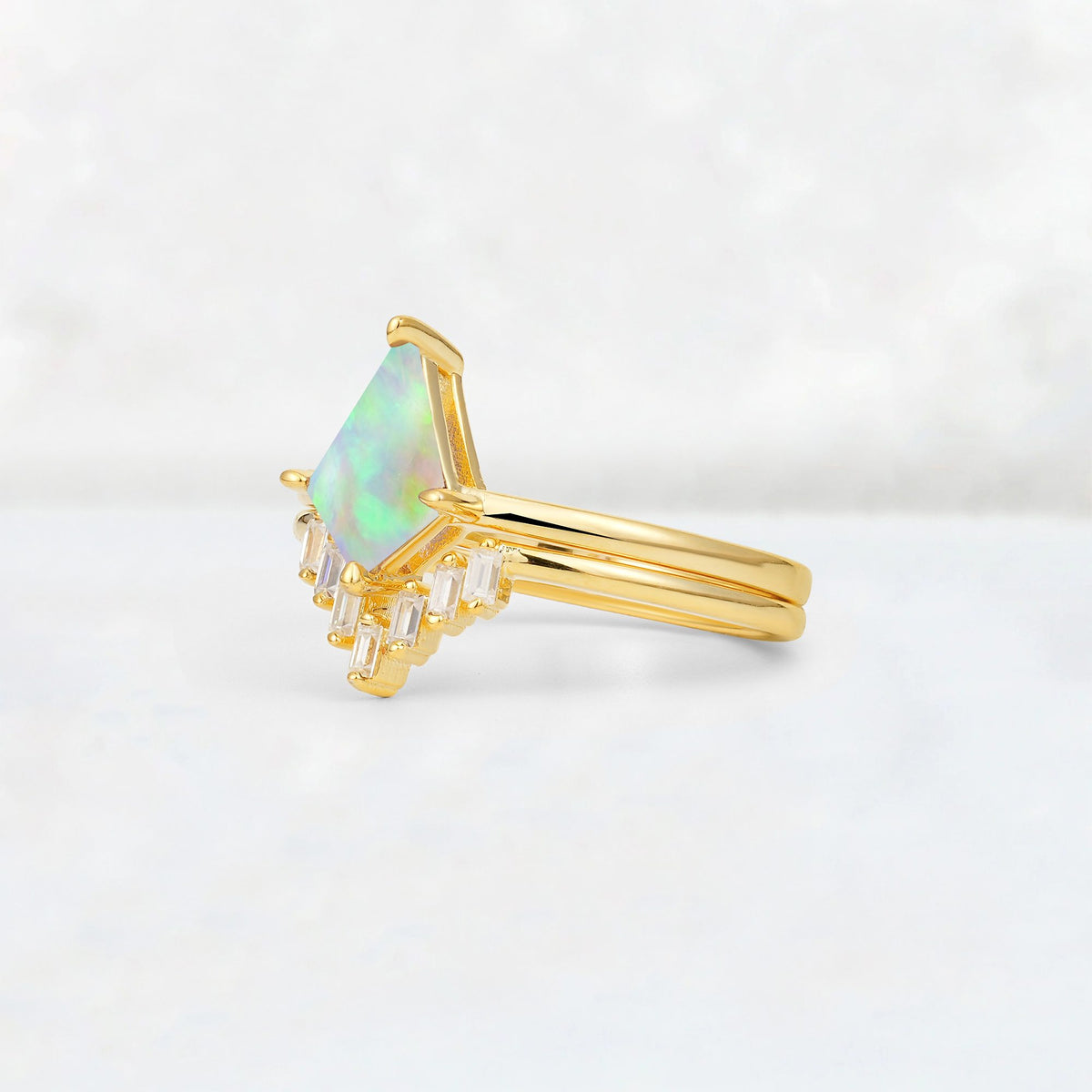 Kite Cut Fire Opal Baguette Chevron Bridal Ring Set - Rose-Gold
