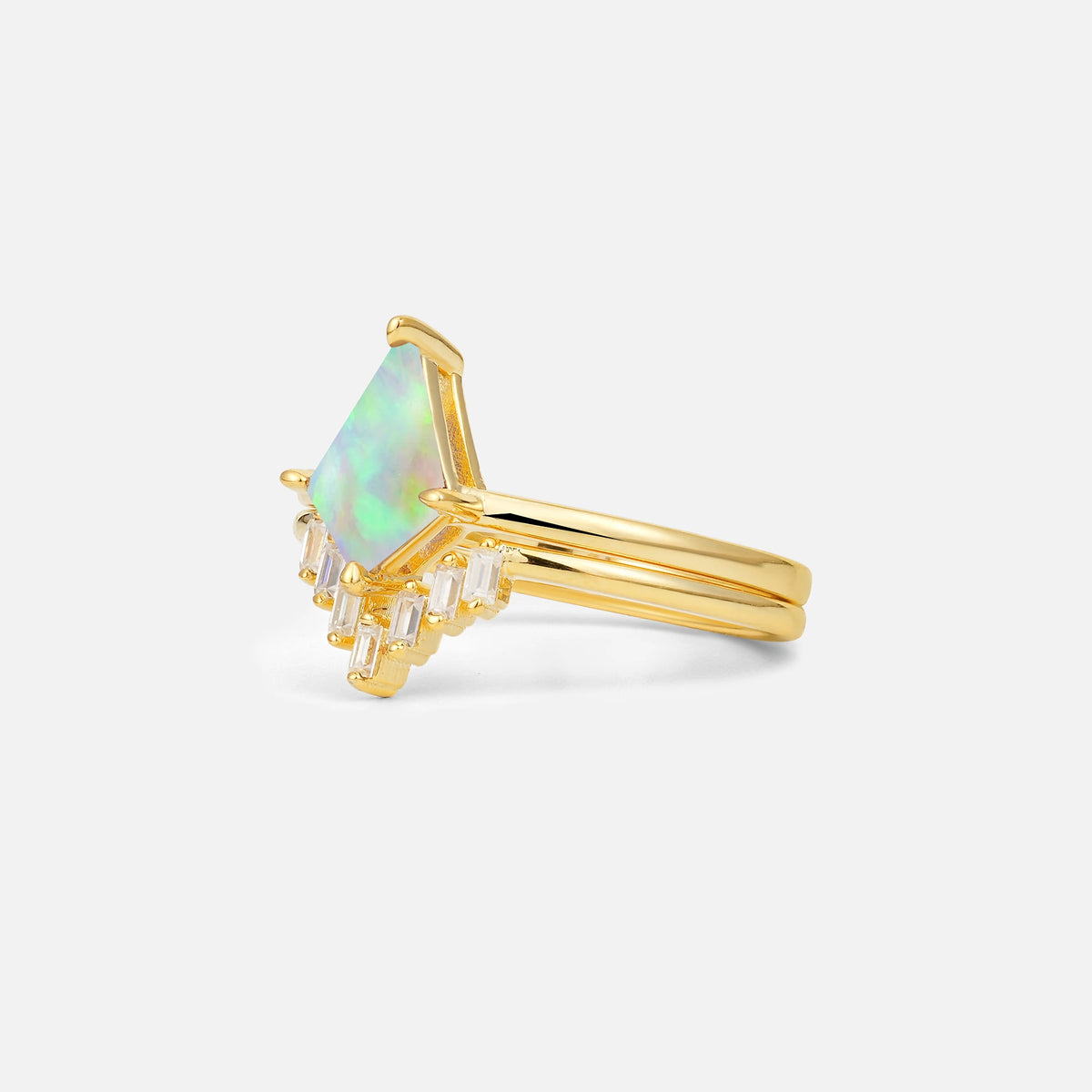Kite Cut Fire Opal Baguette Chevron Bridal Ring Set - Rose-Gold