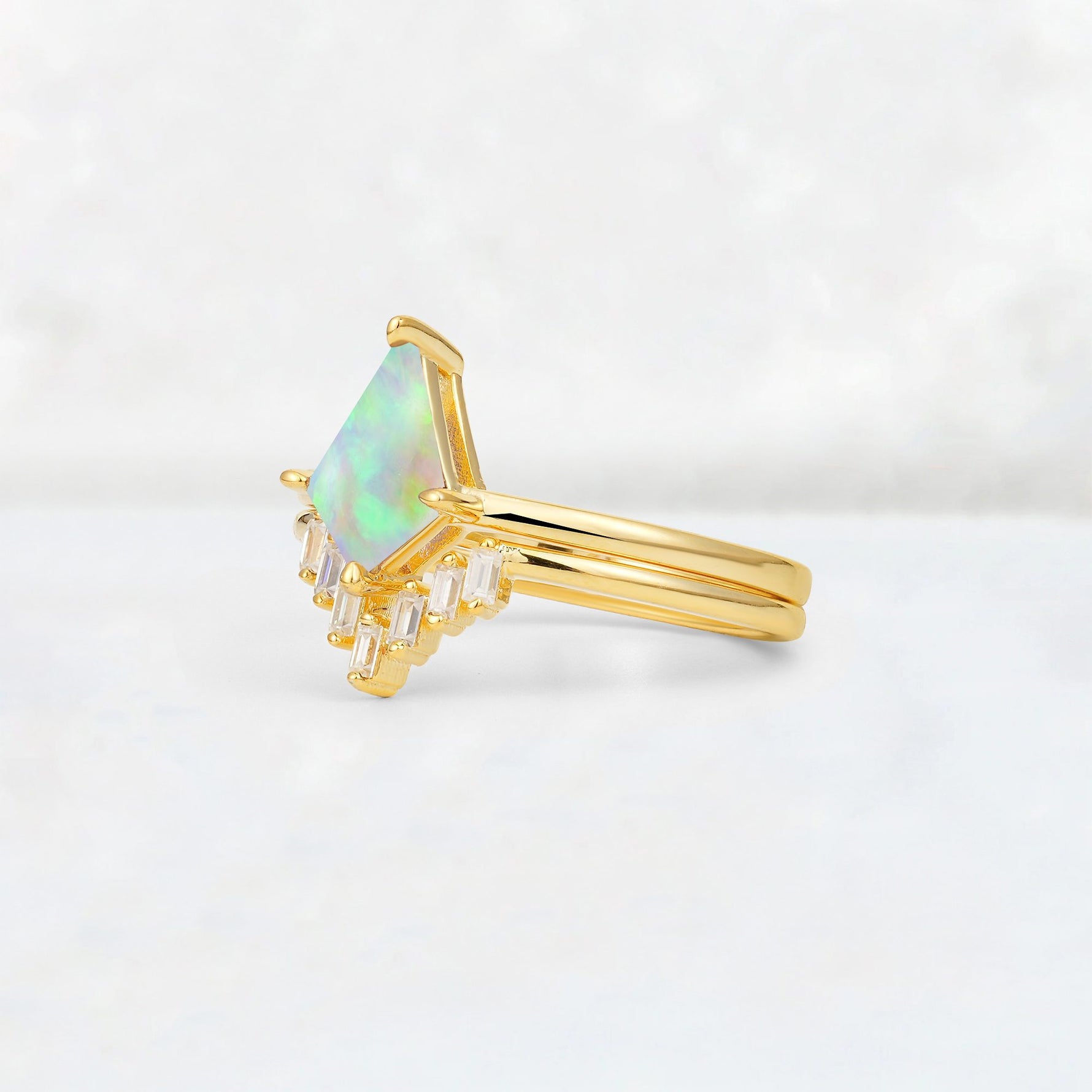 Kite Cut Fire Opal Baguette Chevron Bridal Ring Set - Rose-Gold