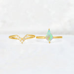 Kite Cut Fire Opal Baguette Chevron Bridal Ring Set - White-Gold