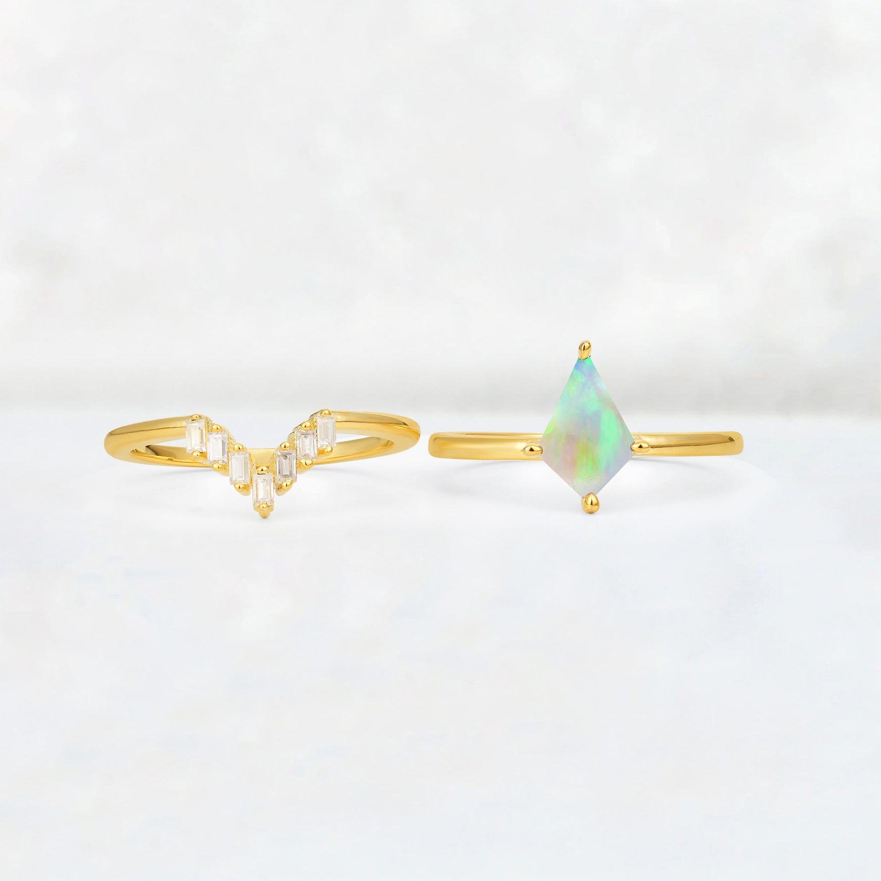 Kite Cut Fire Opal Baguette Chevron Bridal Ring Set - White-Gold