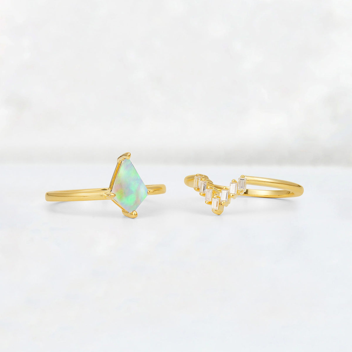 Kite Cut Fire Opal Baguette Chevron Bridal Ring Set - Additional view