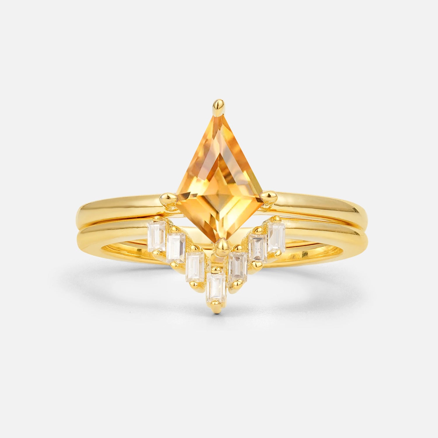 Kite Cut Citrine Baguette Chevron Bridal Ring Set - Yellow-Gold