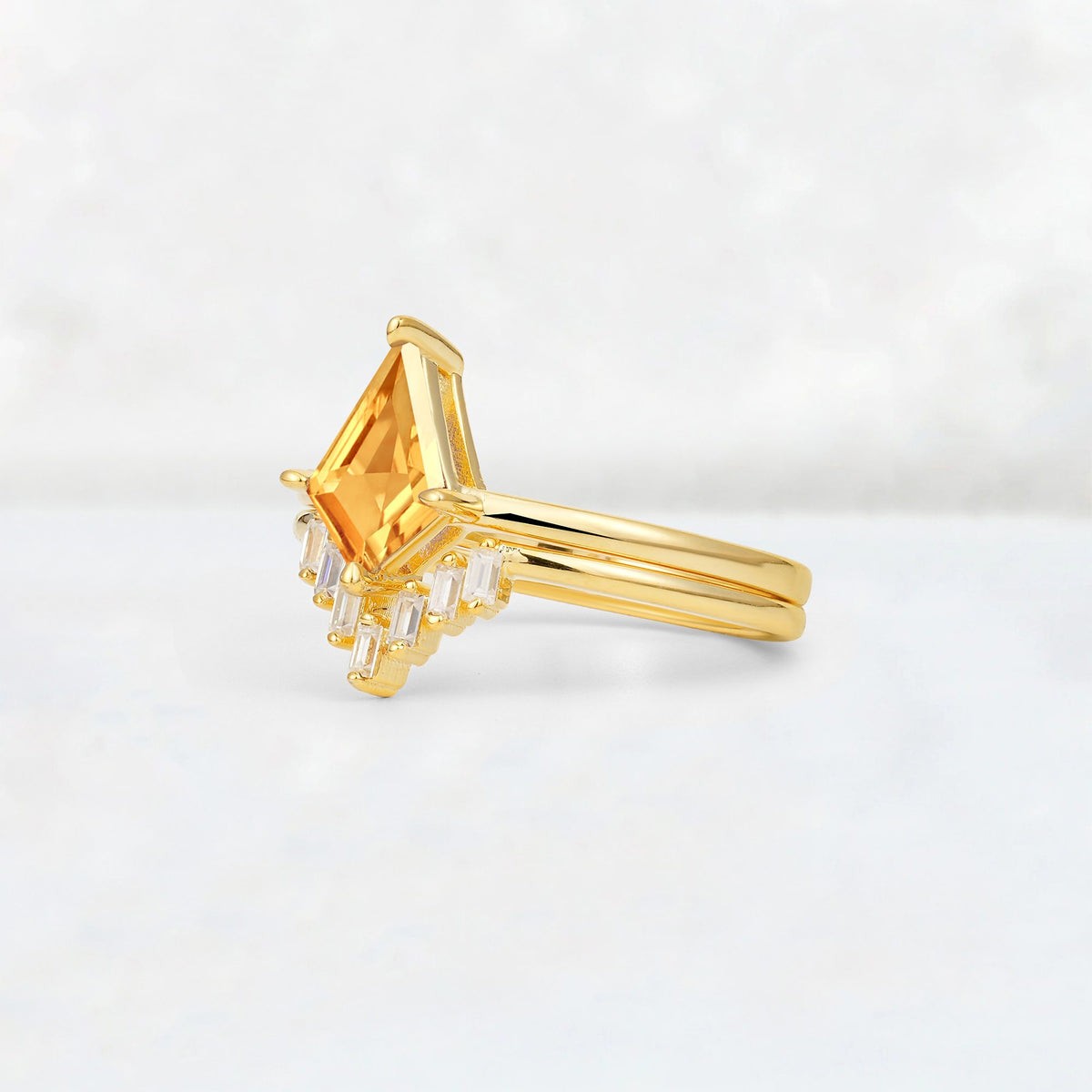 Kite Cut Citrine Baguette Chevron Bridal Ring Set - Rose-Gold