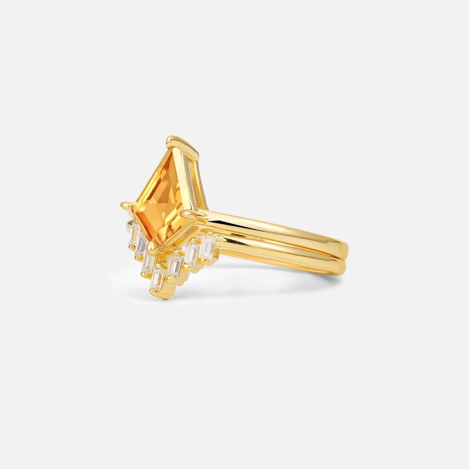 Kite Cut Citrine Baguette Chevron Bridal Ring Set - Rose-Gold