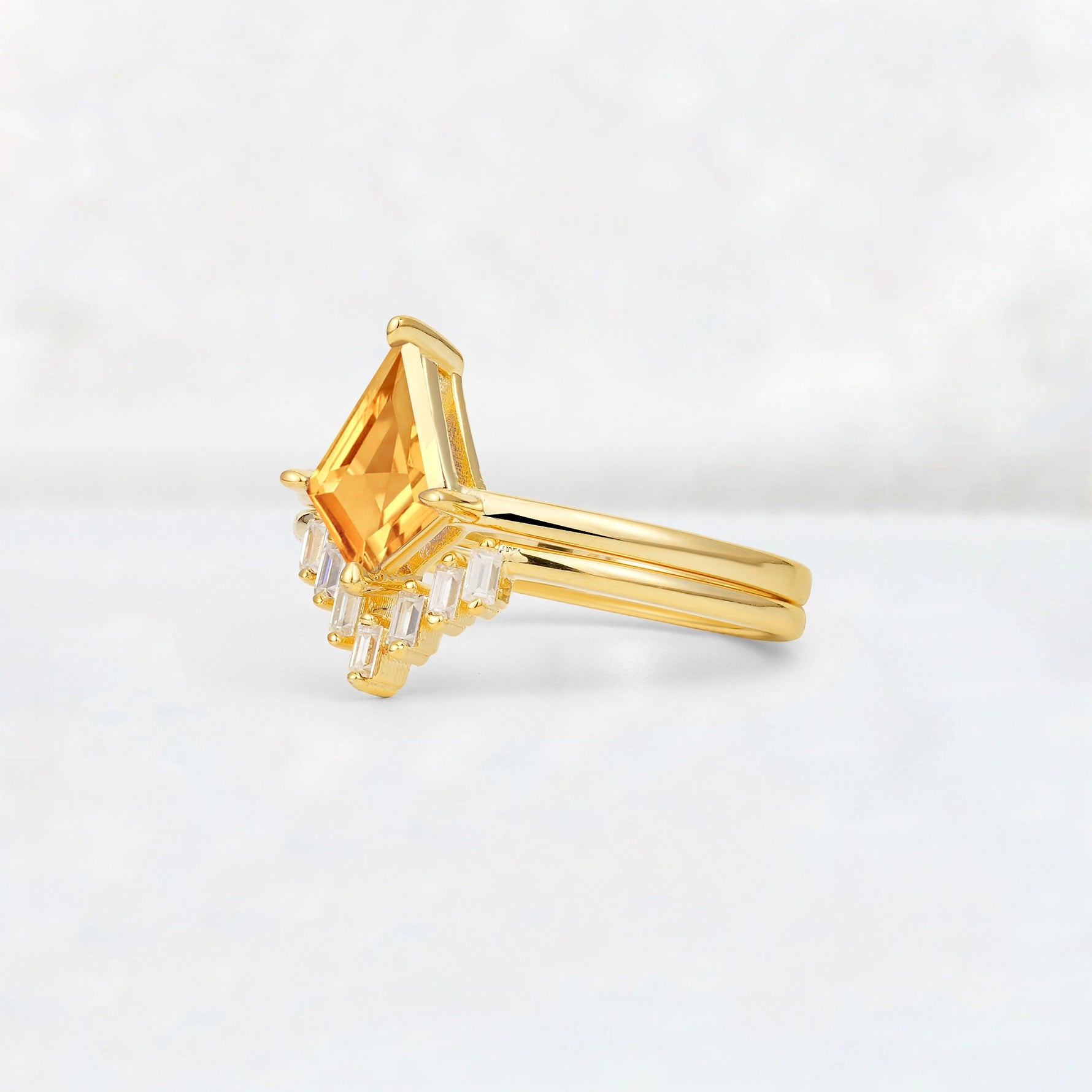 Kite Cut Citrine Baguette Chevron Bridal Ring Set - Rose-Gold