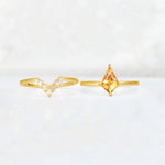 Kite Cut Citrine Baguette Chevron Bridal Ring Set - White-Gold
