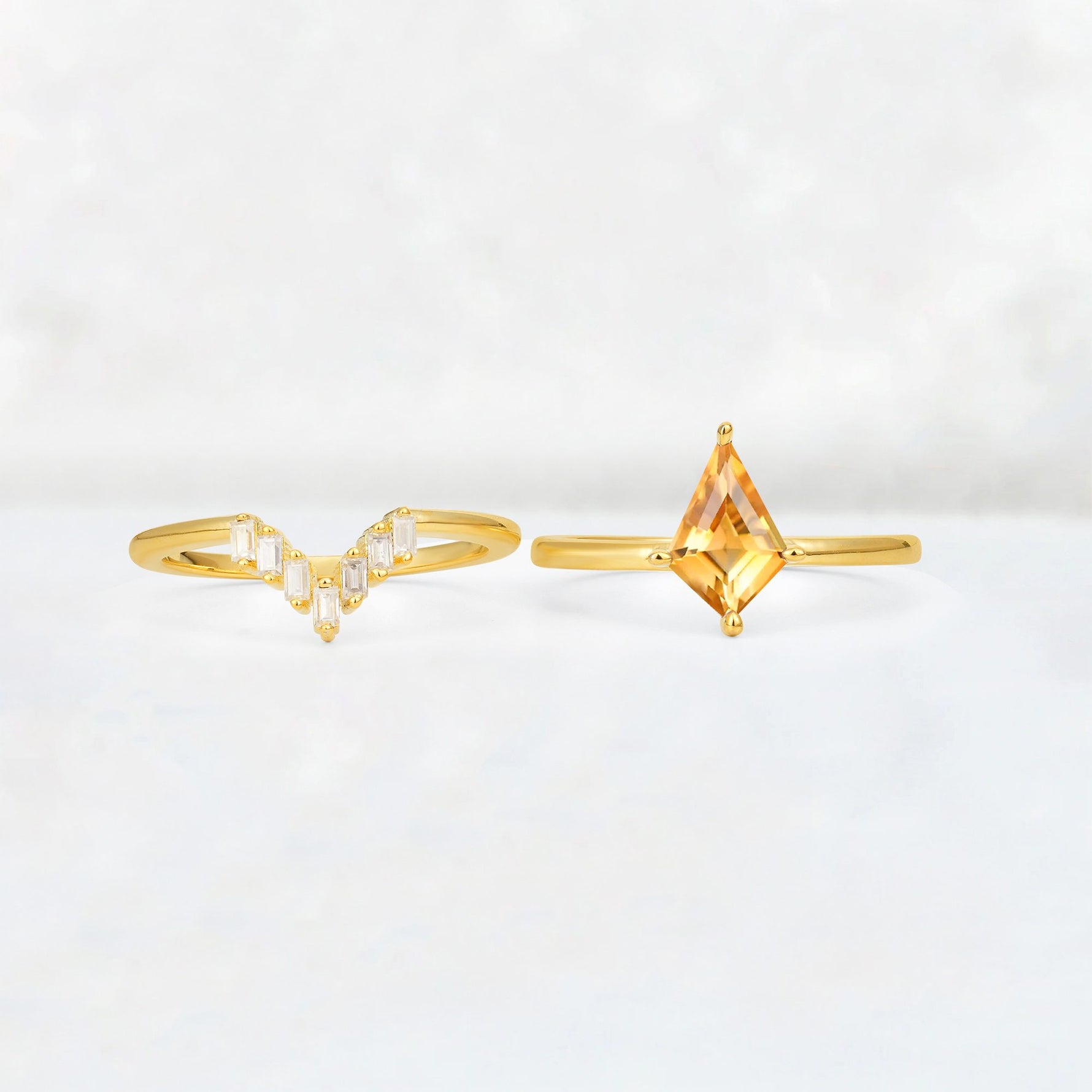 Kite Cut Citrine Baguette Chevron Bridal Ring Set - White-Gold
