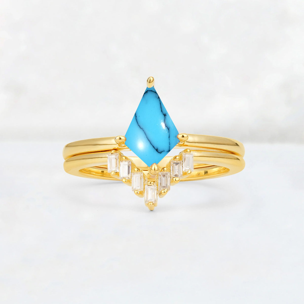 Kite Cut Turquoise Baguette Chevron Bridal Ring Set - Yellow-Gold